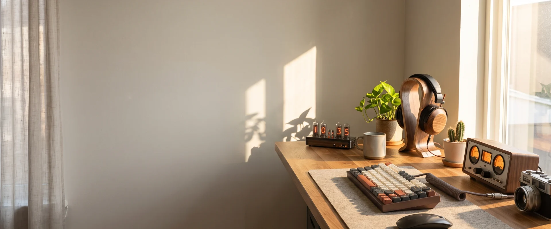 Meja kerja dengan keyboard mekanik, headphone kayu, dan jam nixie